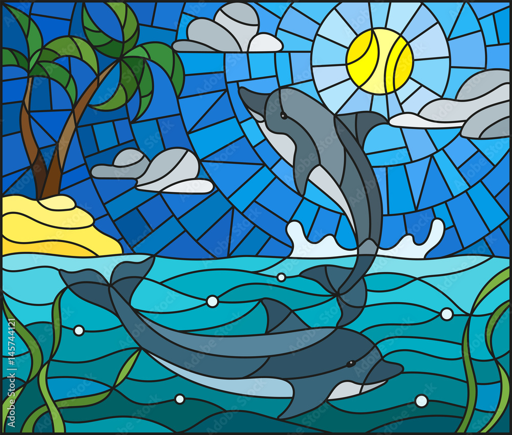 Obraz premium Illustration in stained glass style with a pair of dolphins on the background of water ,cloud, sky ,sun and Islands with palm trees