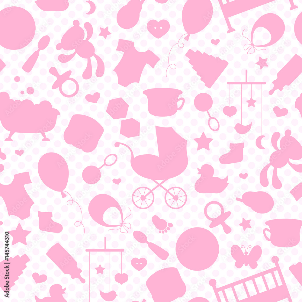 Seamless pattern on the theme of childhood and newborn babies, baby accessories, accessories and toys, the outlines of objects pink icons on a white background with pink polka dots Seamless pattern on the theme of childhood and newborn babies, baby accessories, accessories and toys, the outlines of objects pink icons on a white background with pink polka dots