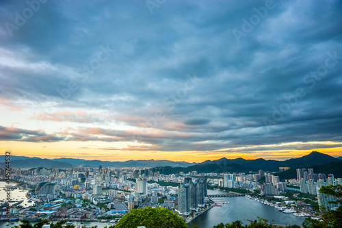 Colorful cloudy sky over Sanya city. View from Luhuitou Park on Hainan Island of China.