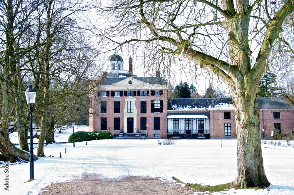 Rosendael Castle with snow in Rozendaal, The Netherlands
