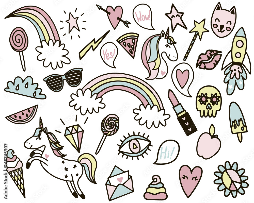 Set of tender pastel colored funny retro style stickers.