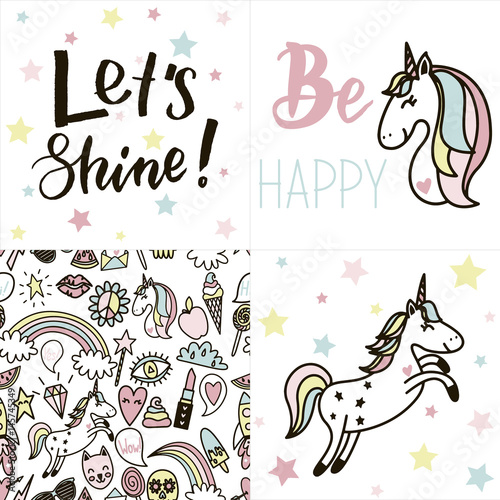 Set of cards with unicorns, text stickers and seamless pattern.