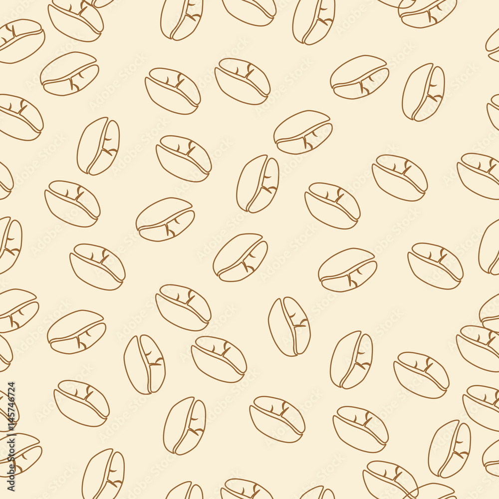 Fototapeta Coffee seamless background for your design. Vector pattern with coffee beans on beige.