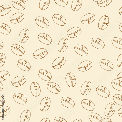 Coffee seamless background for your design. Vector pattern with coffee beans on beige.