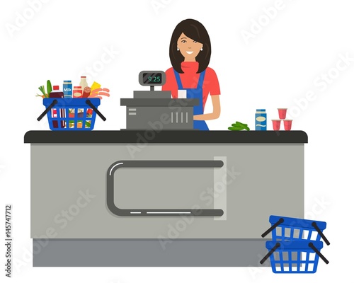 Web banner of a supermarket cashier. The young woman is standing near the cash register. There is also a shopping cart with products in the picture. Vector flat illustration.