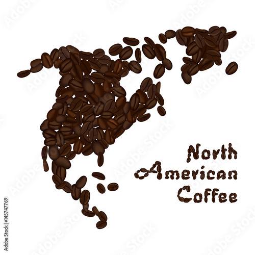 North America continent made from coffee beans. American coffee lettering. Vector illustration isolated on white. Concept for selling coffee and decorate coffee shop.