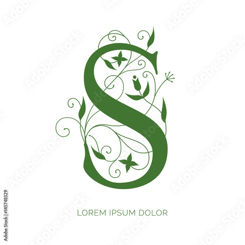S letter floral design. Creative letter vector logo design. Letter decorated with swirls and flowers ornaments