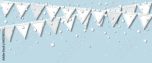 Garland flags. Classy celebration card with white stitched cutout paper garland flags and confetti on blue background. Party background with paper decorations. Vector illustration.