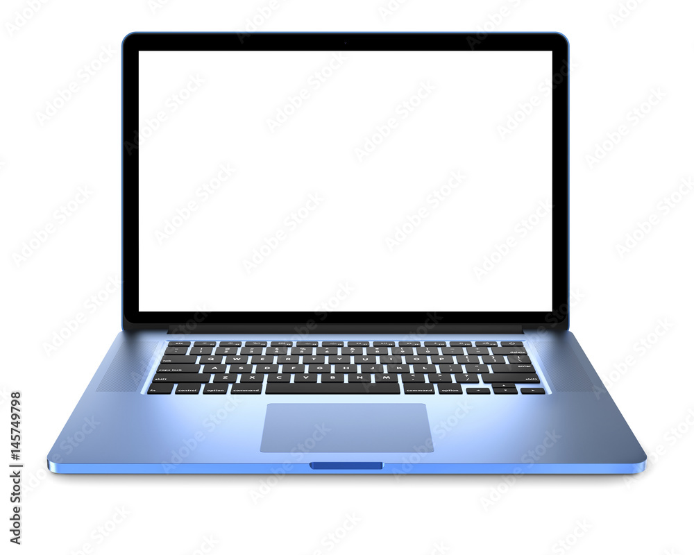 Laptop with blank screen isolated on white background, blue aluminium body. Whole in focus. High detailed, resolution image. Laptop with blank screen isolated on white background, blue aluminium body. Whole in focus. High detailed, resolution image.
