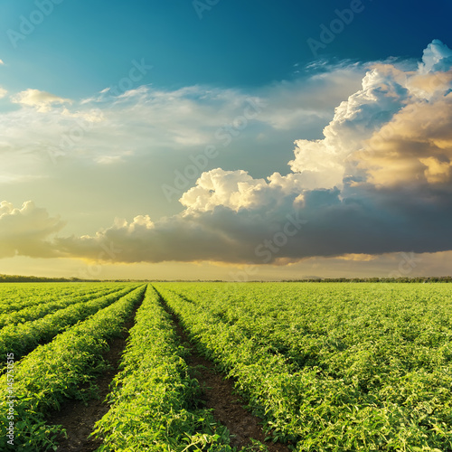 low clouds in sunset over green agricultural field with tomatoes