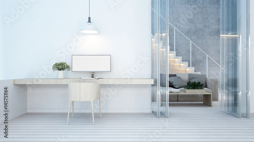  workspace and living area on white tone in home or apartment - 3D Rendering