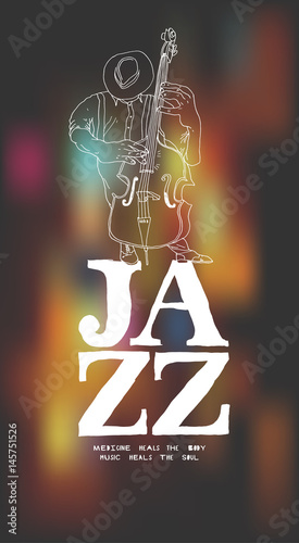 Jazz bass player drawing poster on blurred evening lights background