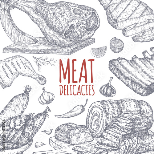 Meat delicacies tamplate based on hand drawn sketches.