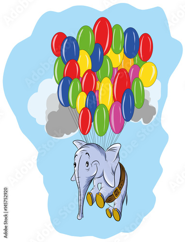Веселый слон летит на надувных воздушных шарах