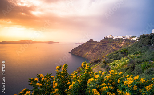 Amazing evening view of Fira, caldera, volcano of Santorini, Greece at sunset. Cloudy dramatic sky with colorful flowers on foreground. © gatsi