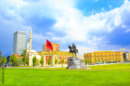 Monument to Skanderbeg in Scanderbeg Square in the center of Tirana, Albania