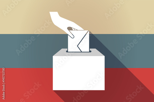 ong shadow Russia flag with  a hand inserting an envelope in a ballot box