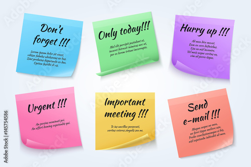 Sticky notes, urgent paper memo vector set