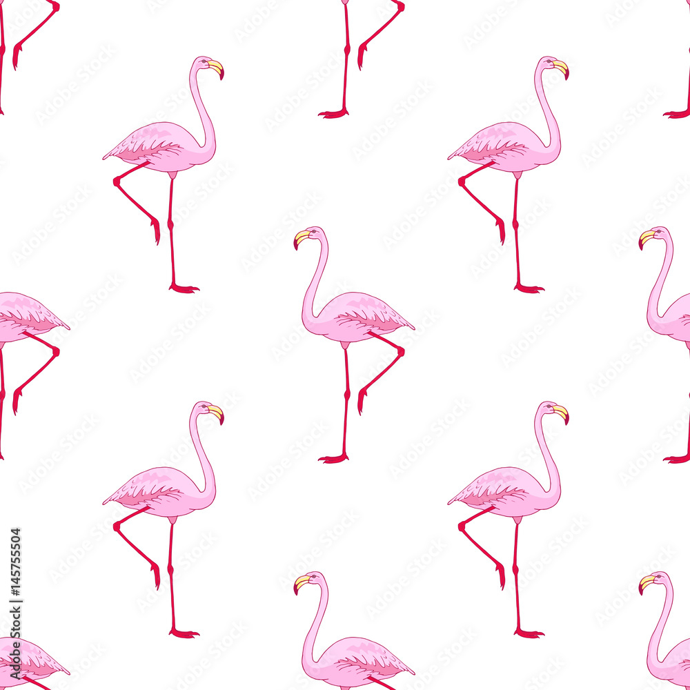 Fototapeta premium Vector pink flamingo bird seamless pattern. Hand drawn sketch with the wild animal
