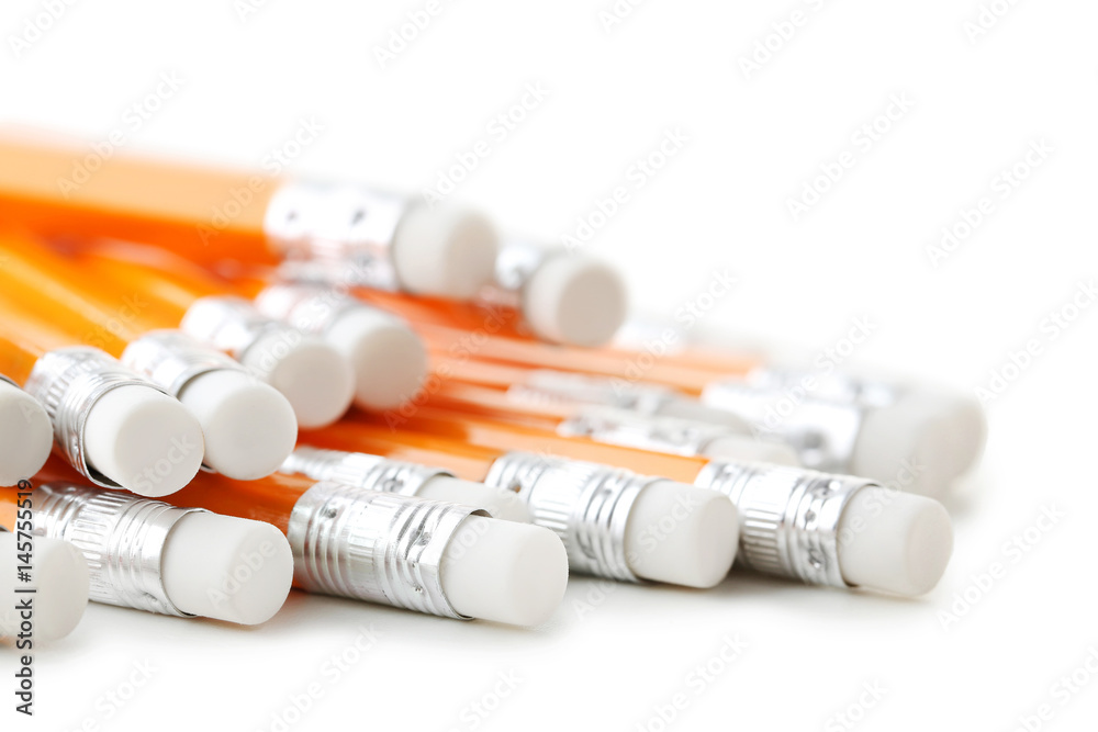 Yellow pencils with erasers on a white background Yellow pencils with erasers on a white background