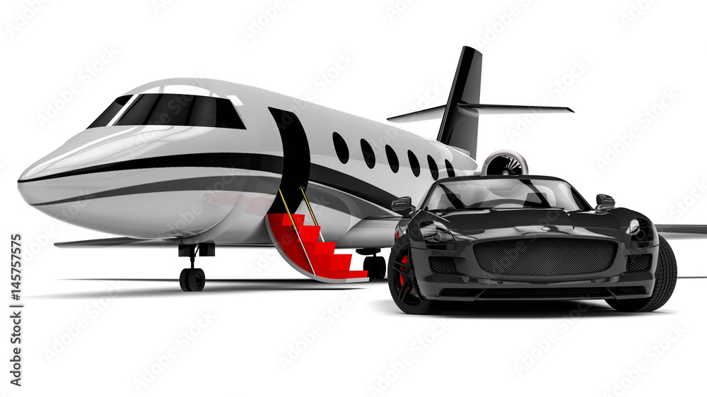 Private Jet and private sport car  / 3D render image representing an sport car with a red carpet and an airplane 