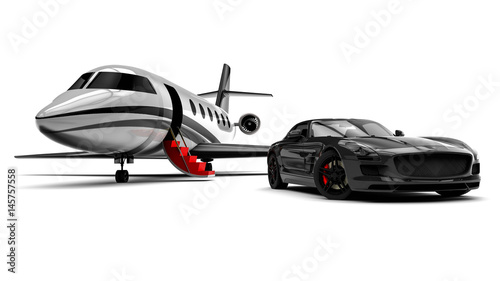 Private Jet and private sport car / 3D render image representing an sport car with a red carpet and an airplane 