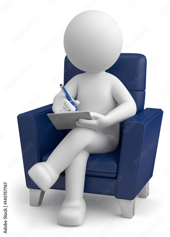 weisses 3d Männchen sitz auf Sessel und macht sich Notizen weisses 3d Männchen sitz auf Sessel und macht sich Notizen