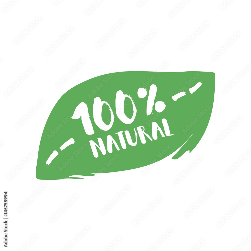 Hundred percent natural product letters in grunge leaf background. Vector logo illustration Hundred percent natural product letters in grunge leaf background. Vector logo illustration