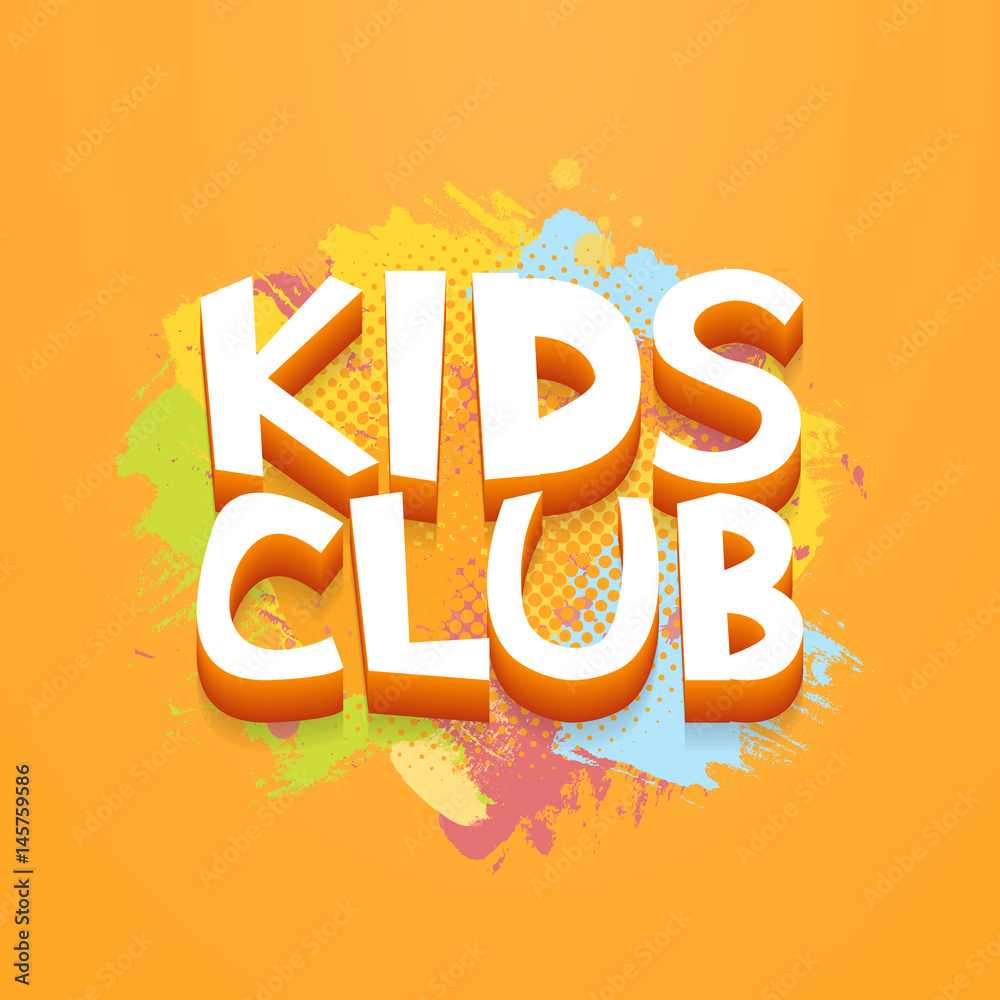 Kids Club fun letters in abstract colorful paint brush grunge background. Vector logo illustration template