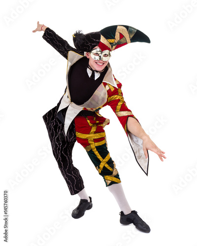 harlequin wearing a mask, isolated on white background in full length.