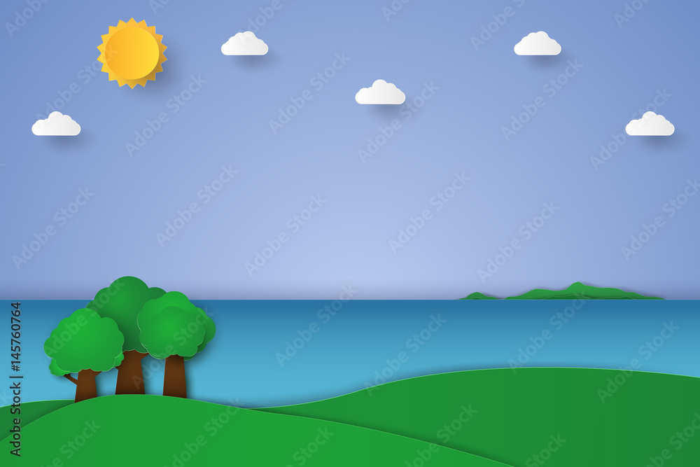 Nature landscape with sea and tree background , paper art style