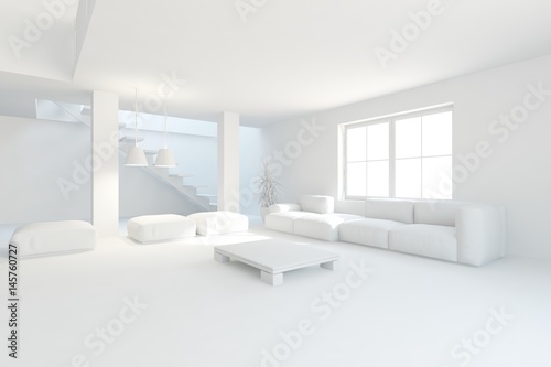 White room with sofa. Scandinavian interior design. 3D illustration