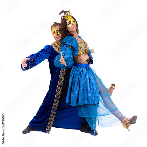 carnival dancers team a mask dancing, isolated on white in full length.