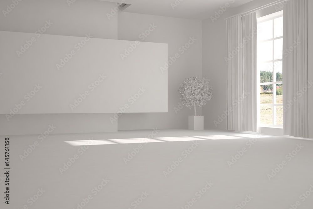 White empty room with green landscape in window. Scandinavian interior design. 3D illustration White empty room with green landscape in window. Scandinavian interior design. 3D illustration