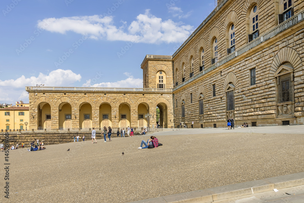 Beautiful view of the famous Palazzo Pitti palace, in the historic center of Florence, Italy, on a sunny day
