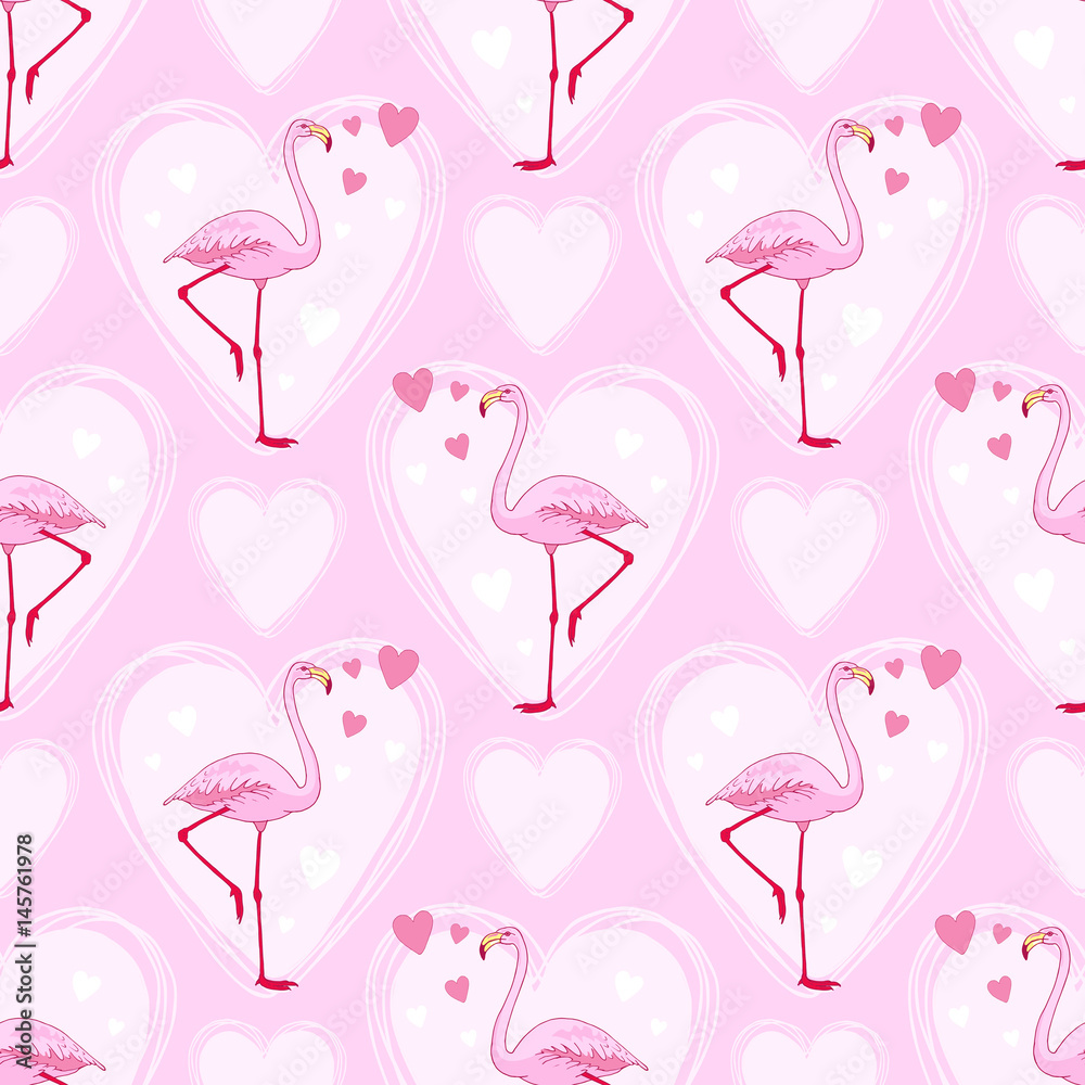 Fototapeta premium Vector pink flamingo bird seamless pattern. Hand drawn sketch with the wild animal. Romantic Valentines day style design with birds and hearts