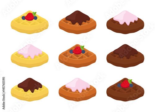 Set of belgian waffles - chocolate, cream and berries. Flat style.