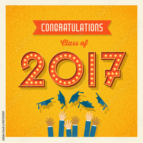retro 2017 graduation card or banner design with vintage  light bulb sign numbers. Vector illustration.