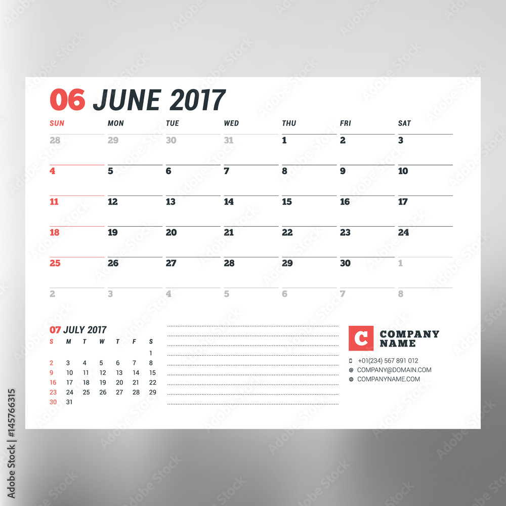 Calendar planner template for June 2017. Week starts Sunday. Design print vector template isolated on blurred background Calendar planner template for June 2017. Week starts Sunday. Design print vector template isolated on blurred background
