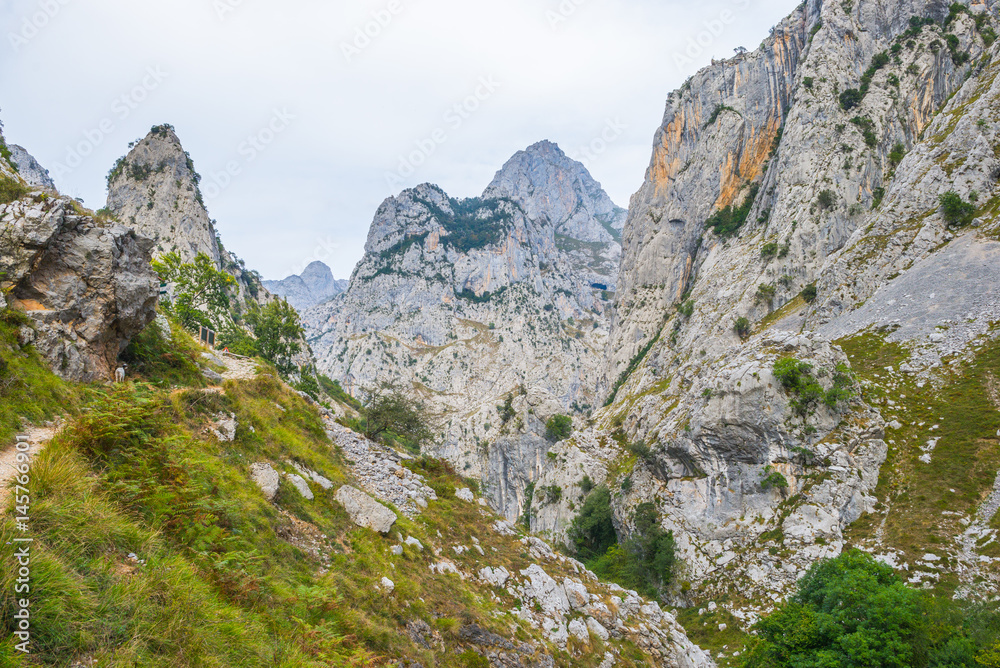 The Canal del Texu is a hiking trail and a passage way between the village Bulnes and Poncebos at the river Rio Cares. The trackway leads along the river Rio Bulnes, at the foot of the Picos de Europa