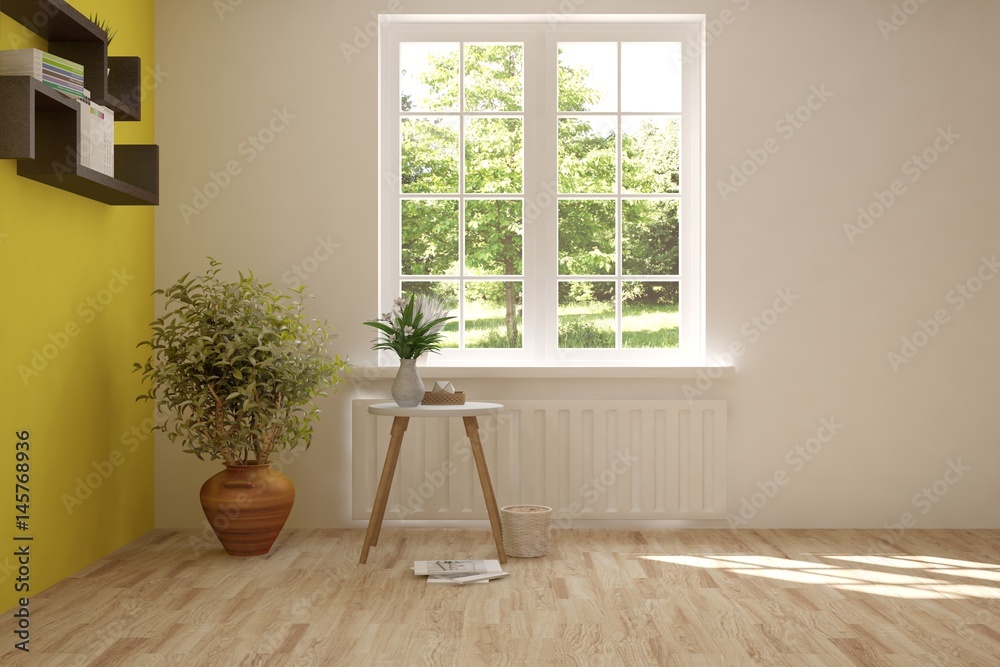 White empty room with green landscape in window. Scandinavian interior design. 3D illustration White empty room with green landscape in window. Scandinavian interior design. 3D illustration