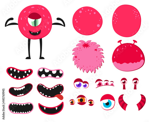 Cartoon funny monsters creation kit. Create your own monster set. Vector illustration.
