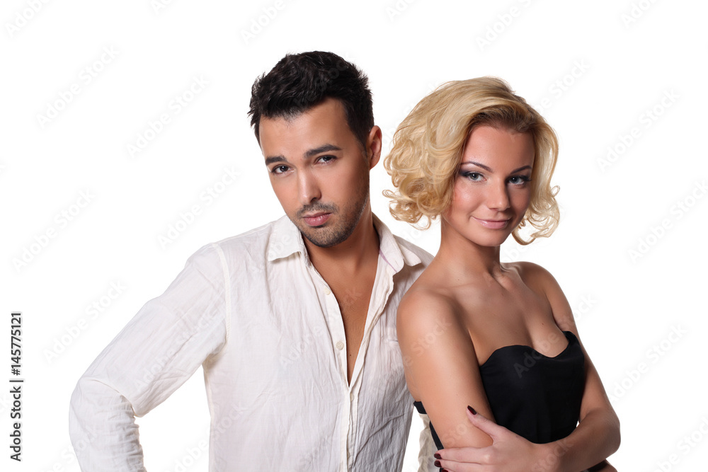 Couple brunet man and blond woman isolated on white background