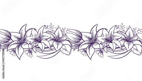 Lilies and tulips. Monochrome vector seamless border. Print with flowers. photo