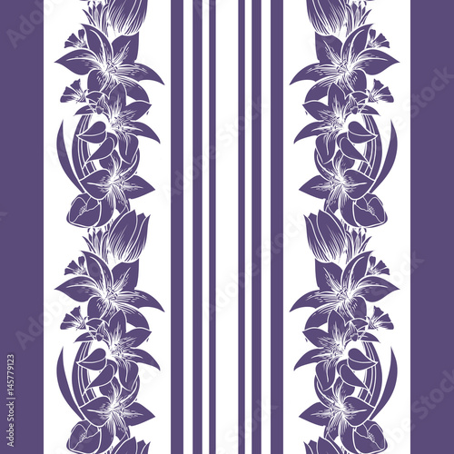 Fototapeta Naklejka Na Ścianę i Meble -  Print with flowers and stripes. Lilies and tulips. Vector seamless border.