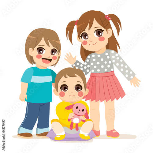 Illustration of siblings family with small baby middle brother boy and big sister