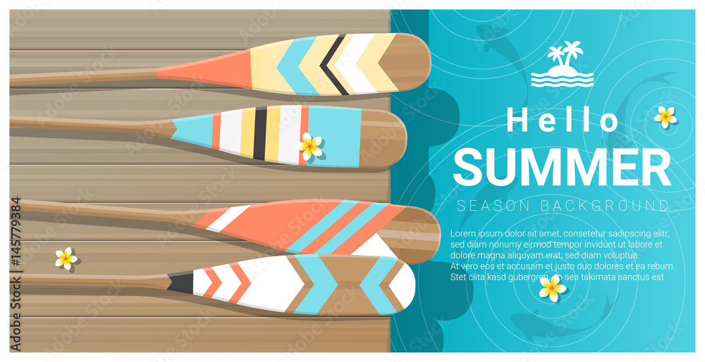 Fototapeta premium Hello summer background with colorful canoe paddles on wooden pier , vector , illustration