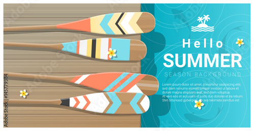 Hello summer background with colorful canoe paddles on wooden pier , vector , illustration