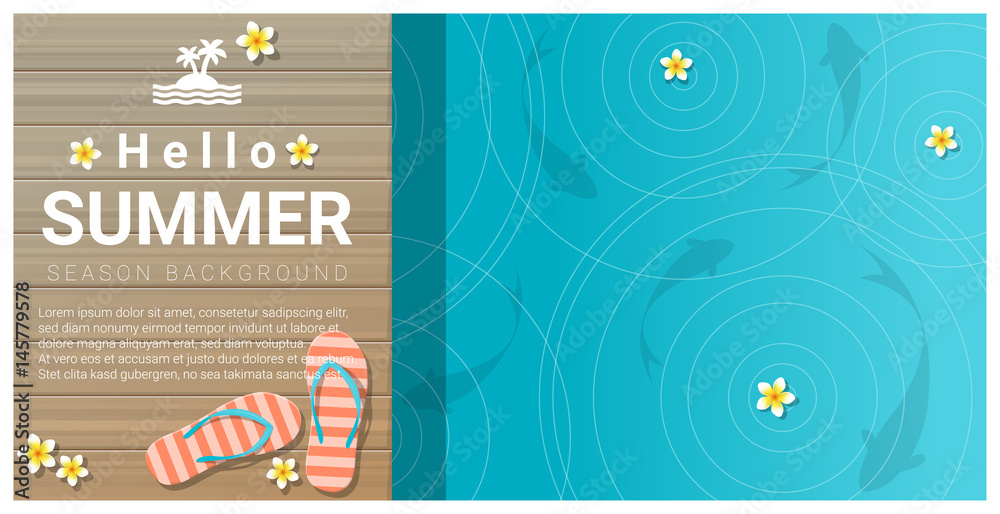 Fototapeta premium Hello summer background with sandals on wooden pier , vector , illustration