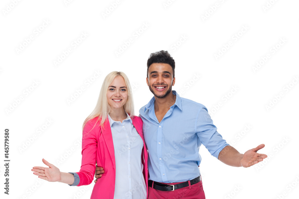 Beautiful Young Happy Couple Love Smiling Embracing, Hispanic Man Woman Hold Palm Arm Hand Gesture Isolated Over White Background Beautiful Young Happy Couple Love Smiling Embracing, Hispanic Man Woman Hold Palm Arm Hand Gesture Isolated Over White Background